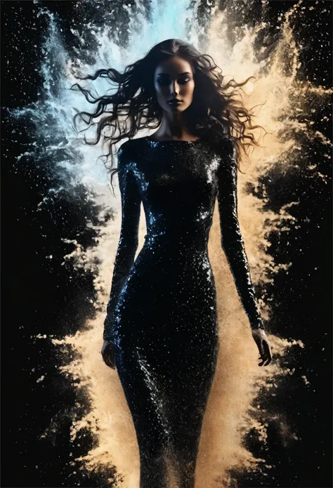 Digital painting of the full-length silhouette of a beautiful, beautiful and unique French model, perfect face, dark brown eyes and long cascading hair. Around it an eruption of transparent, clear and bright water particles occurs that spread into the void...