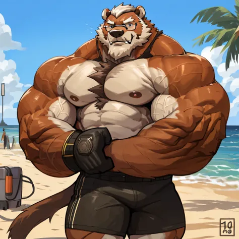 solo, 1boy, Huge Muscular Old Grizzly Bear wearing glasses , pectoral, huge pectoral, wide pectoral, short white hair, short pants black wristbands and shirtless topless, bearded, Mustache, muscle beach background, front row, 
masterpiece, high detailed, 8...