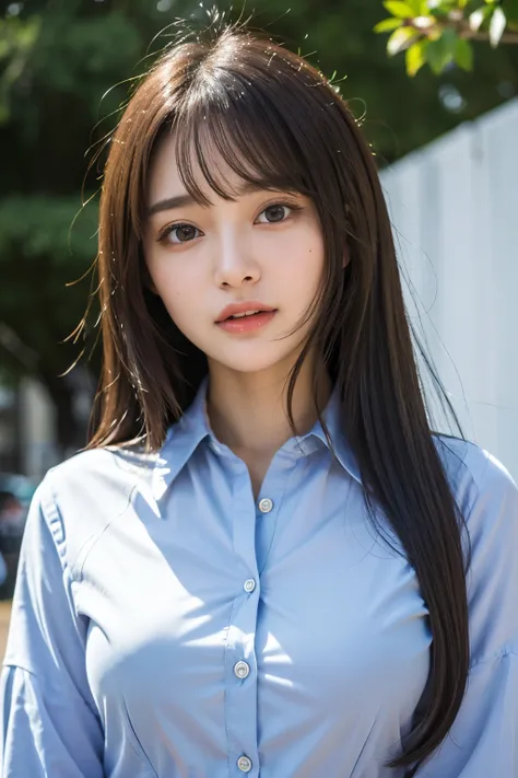 highest quality、High resolution、8k、Realistic、Beautiful Eyes、Detailed face、
Bust up from the front、

Japanese、Japanese Idols、Plump woman、20-year-old、Straight Long Hair、bangs、
Natural color lip、Natural Makeup、very cute、business suit、(tight button shirt)、offi...