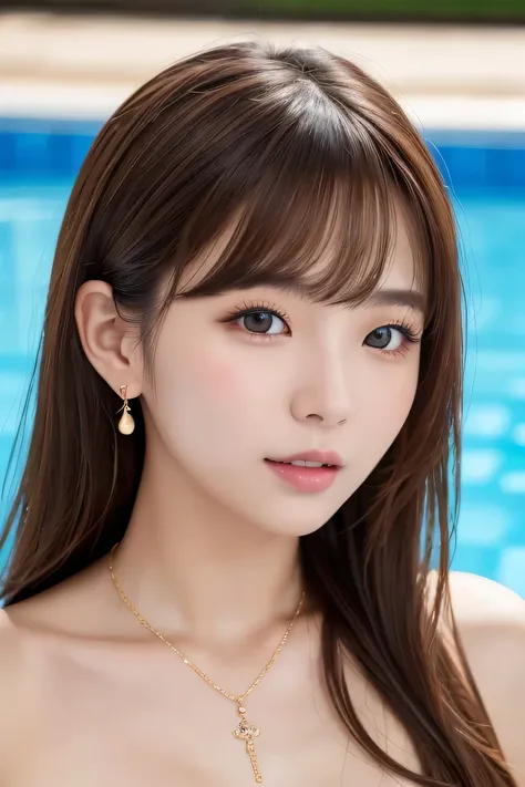 Beautiful Young Woman of the Year、 Korean women、Brown Hair、Necklace around the neck、Woman in swimsuit、Open your mouth a little、hair band、Intricate details, Very detailed:1.2), 、 Looking into the camera,background is indoor pool、ear piercing

