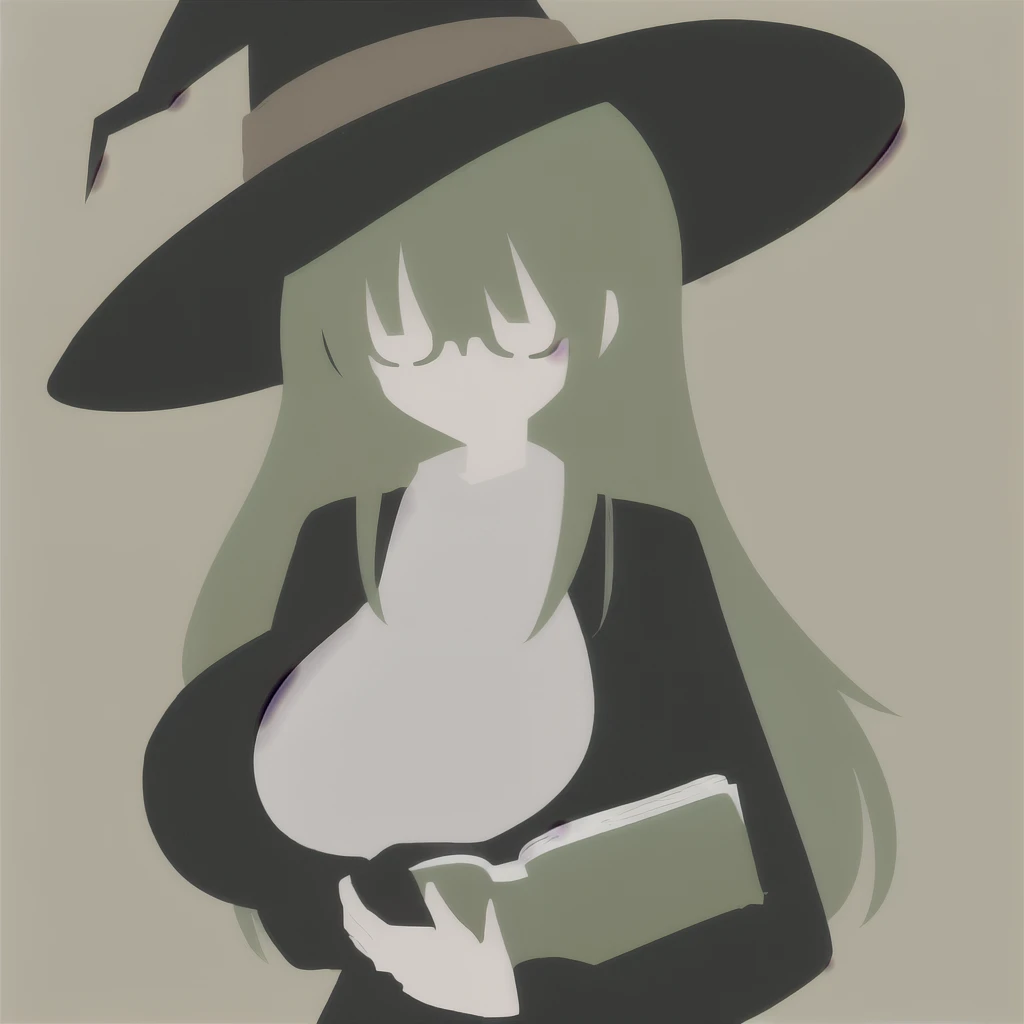 Anime Minimalist, One Girl, alone,Green Hair, Brown background, hair ornaments, librarian,Glasses,Have,Witch Hat,(Turned to the side:1.5),(Reading a book:1.3),(Big Breasts.1.7),(Huge breasts:1.2)