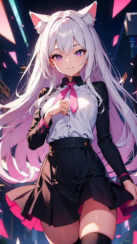 anime,Sparkling eyes,Highlighted eyes,Medium chest,pretty girl,smile,Cat ear,Beautiful silver hair,Pink inside,Beautiful pink eyes,Oversized shirt,skirt,black tights
