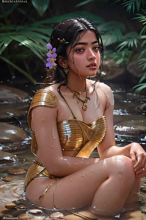 close up portrait of rashmika mandanna  bathing naked in a crystal clear river, reeds, (backlighting), realistic, masterpiece, h...