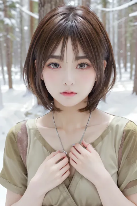 (Masseter region:1.3)、Naked in the midwinter forest:1.7、A girl trapped in the winter forest:1.4、(((25-year-old woman:1.5)))、(8k、Realistic、RAW Photos、highest quality: 1.4)、(One Girl)、Beautiful Face、((Small, flat chest:1.5))、(((Wearing a camisole:1.5)))、((No...