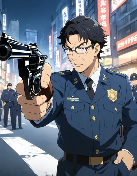 High quality, 1boy, middle aged man, anime style, japanese policeman, police captain, police commissioner, black hair, hazel eyes, glasses, (holding a gun, holding a pistol, holding a 357 magnum revolver), tokyo city street backdrop, solo, solo focus