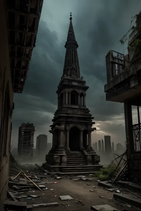 "Create a dark, dystopian scene inspired by Kalyug. The setting should depict an Indian city engulfed in chaos and decay, with crumbling buildings, overgrown vegetation, and dim, eerie lighting. Include elements such as ominous skies, broken statues of dei...