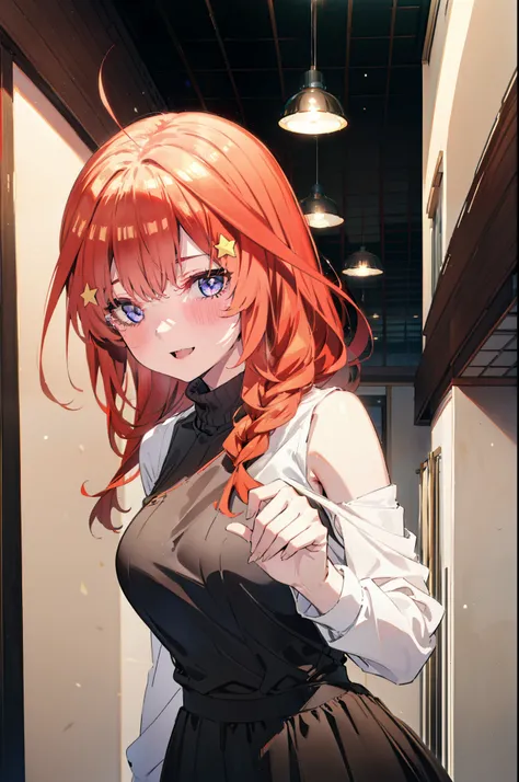 itsukinakano, Itsuki Nakano, bangs, blue eyes, Hair between the eyes, Ahoge, Redhead, star (symbol), hair ornaments, star hair ornaments,happy smile, smile, Open your mouth,blush,Akabuchi Glasses,Big Breasts,Long braids,One-shoulder sweater,Long skirt,Blac...