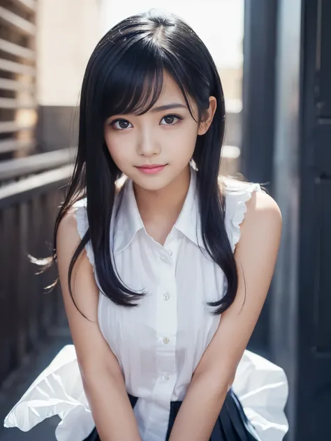 (Best-quality, Masterpiece, Ultra-High-Resolution, (Photorealistic:1.4), Raw Photo, depth of field, professional lighting, perfect anatomy, extremely details), 1girl, 15-years-old, the most famous Japanese idol, ((wearing white sleeveless-shirt, navy-blue ...