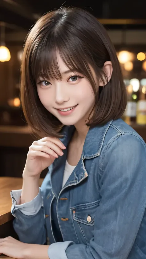 closeup shot , Best picture quality (8K, high resolution, Masterpiece: 1.2), super detailed,  215 Short Hair, 16-year-old woman, 

situation: A scene of friends enjoying a night out at a bar or club。
clothing: Stylish night out clothing（Shirt and jeans、Jac...