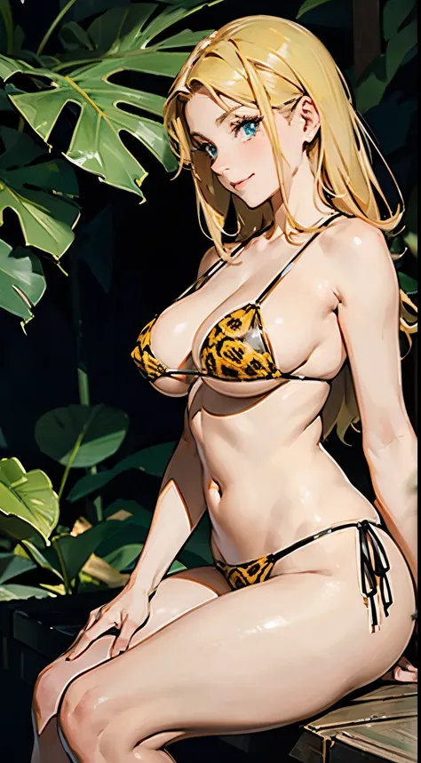 mulher das cavernas, olhos verdes, seios grandes, leopard print bikini, dynamic position, prehistoric jungle background, shy and innocent smile on your face, olhando para o espectador, open angle, Pencil art, aquarela