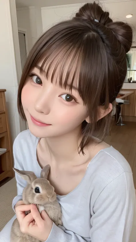 closeup shot , Best picture quality (8K, high resolution, Masterpiece: 1.2), super detailed,  215 Short Hair, 16-year-old woman, 

 situation: In the living room at home、Scene playing with rabbit。
clothing: Casual clothing for relaxing at home（Sweatshirt a...