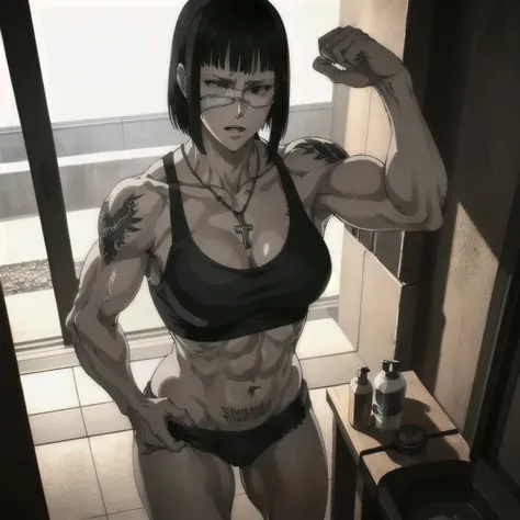 (best quality,ultra-detailed,realistic:1.37),musclaur badass girl with sculpted body with preview her musclaur body and six-pack, full review of the female characters face and body, intense expression,studio lighting, vivid colors, physiologically-based re...