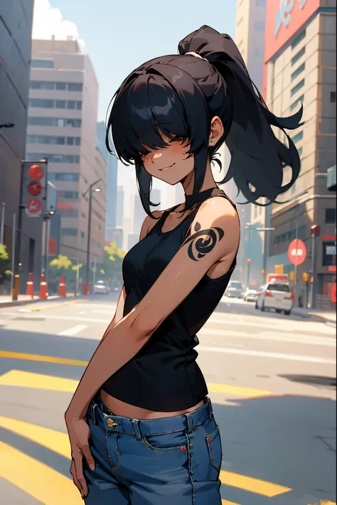 1female, dark skin, black hair, hair over eyes, bangs, ponytail, tanktop, jeans, arm tattoos, smiling, city background, detailed...