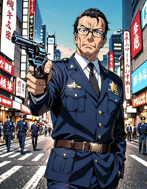 masterpiece, high quality, 1boy, middle aged man, anime style, japanese policeman, police captain, police commissioner, black hair, hazel eyes, glasses, (holding a gun, holding a pistol, holding a 357 magnum revolver), tokyo city street backdrop, solo, sol...