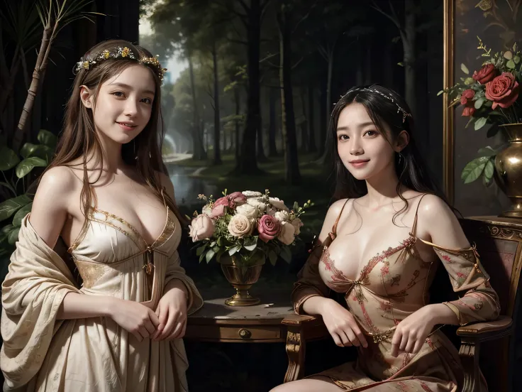 Giorgione painting style,Arguments of two female Philosophe,math、astronomical machine、astronaut、roses in vase、fruits、Cute trinkets、smile、ancient greek costume、Background is a forest lake at night 、Clothes that stretch your shoulders、A big smile、beautiful b...