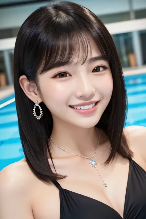 Beautiful Young Woman of the Year、 Korean women、Black Hair、Necklace around the neck、Woman in swimsuit、、smile, Beautiful teeth alignment、Intricate details, Very detailed:1.2), 、 Looking into the camera,background is indoor pool、ear piercing

、ear piercing