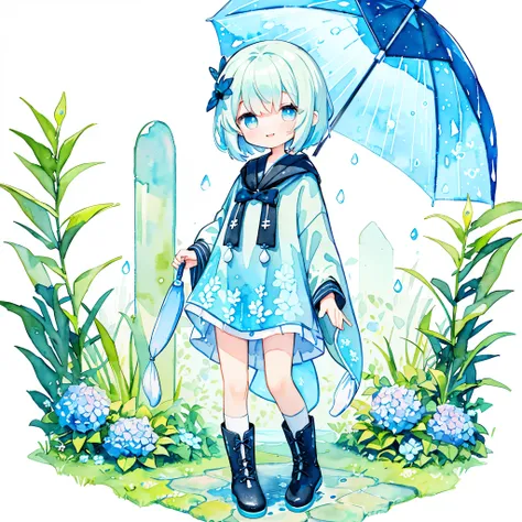 (pastel colour:1.5)、(cute illustration:1.5)、(Watercolor:1.2)、(One Girl:1.0)、White Background、girl、whole bodyエスビアン、Use an umbrella、Holding an umbrella, Rain Girl, rain, poncho、Blue and light blue motif、rainをモチーフに, blue eyes, cute, short hair, smile, poncho ...