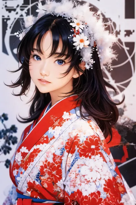 (((White Background、White world)))、14 years、unity 8k wallpaper、Very detailed、beautifully、beautiful、masterpiece、highest quality、(Zentangle、Mandala、Tangle、Tangle)、(Fractal Art:1.3)、One Girl、Beautiful black hair、Japanese、Big pink、red kimono、Japanese clothing、...