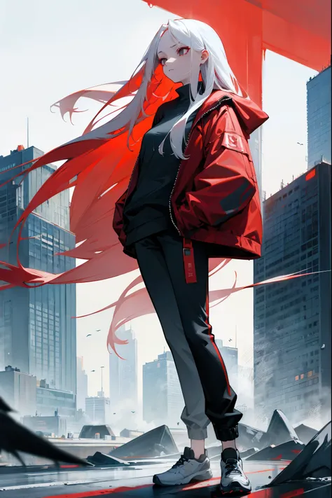 1female, white hair, red inner colored hair, long straight hair, expressionless, straight face, open red jacket, black shirt, baggy joggers, city background, detailed background, hands to side, standing on path