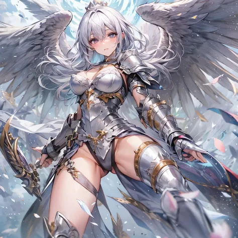 nsfw,fantasy, 1angel_girl,very_young_teen, ,silver_hair, short_hair, long_bangs, halo,bare_shoulder,thighhighs,silver_armor, waist_armor, large_breasts,half_eyes,1pair_wings, dynamic_pose_fighting,floating, bare_crotch, headgear,gauntlet, greaves,city_back...