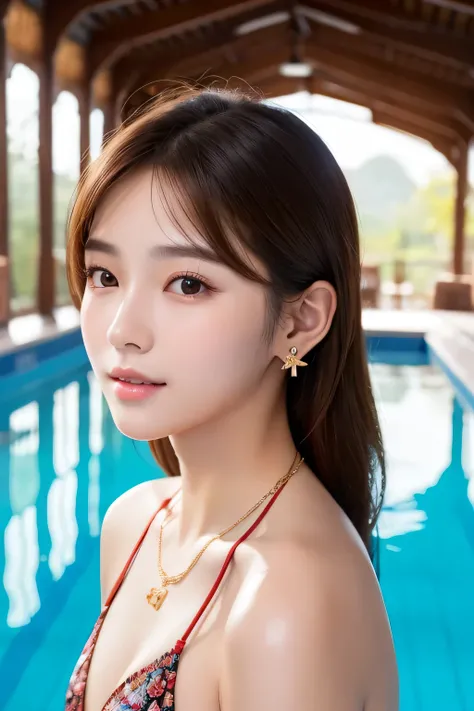 Beautiful Young Woman of the Year、 Korean women、Brown Hair、Necklace around the neck、Woman in swimsuit、Intricate details, Very detailed:1.2), 、 Looking into the camera,background is indoor pool、ear piercing

、ear piercing