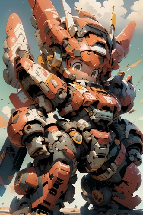 (((1 chibi girl in red-colored robot body costume floating under the blue skies, from below))), (bulky:1.7), ((chibi:1.5)), (niji:1.5), (white red color scheme:1.5), large cute face,red_eyes, looking down, determined face, mechanical parts, ((powerful stan...