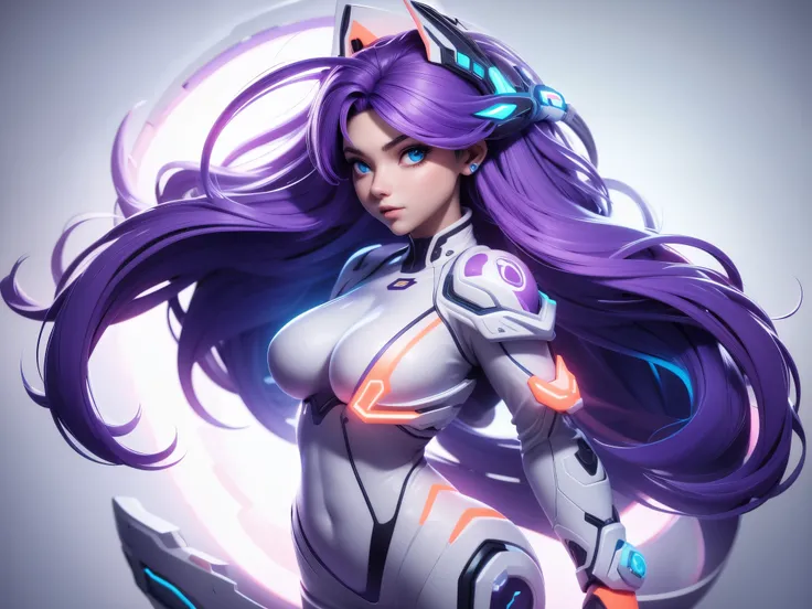 girl with violet hair, white and orange futuristic power suit, big hips, moderate breasts, futuristic white background, cyan and fuchsia neon lights, dynamic lighting, high definition.