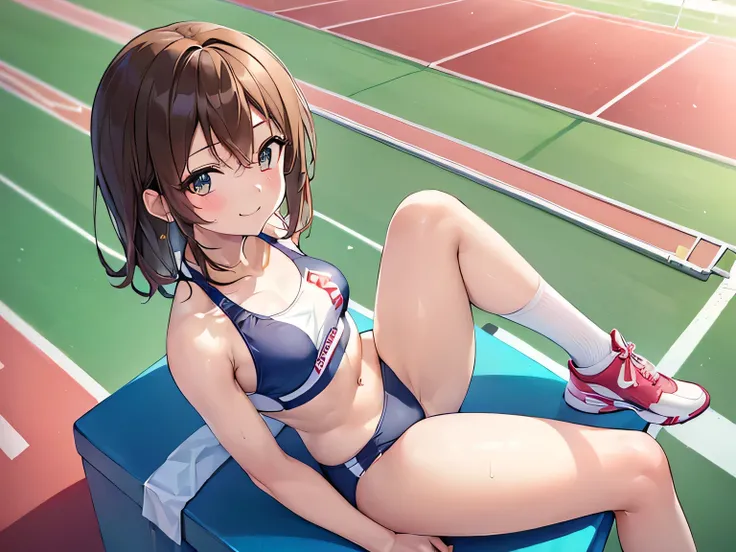 (masterpiece、highest quality、High resolution、Realistic photo、Real looking skin:1.1)、
(A woman is an athlete and stands on the athletics track:1.8)、
(A close-up of her lap please:1.8)、
(She has a smiling face:1.5)、
(She is wearing a bikini-style track and f...