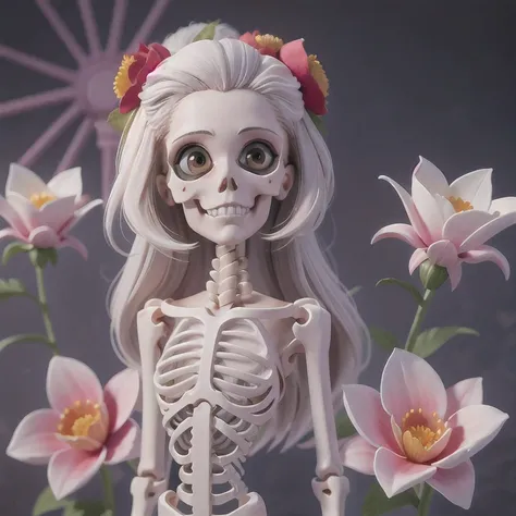 skeleton with flower in hair standing against grey background, anatomically correct skeleton, skeleton girl, skeleton, skelleton...