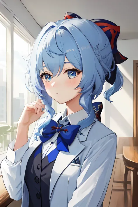 best quality, masterpiece, highres, solo, {shirt:1.40}, {ganyu_genshin:1.15}, blue_hair, blue_eyes, bangs, ponytail, short_hair, sidelocks, hair_between_eyes, bow, hair_bow, blush, normal_breasts, shirt_with_tie, suit