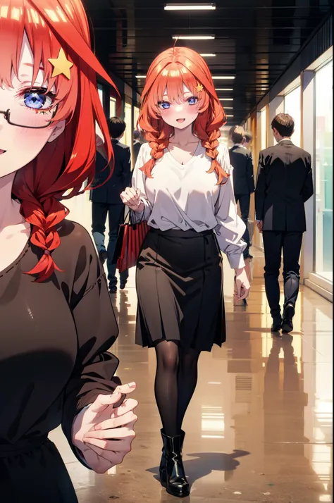 itsukinakano, Itsuki Nakano, bangs, blue eyes, Hair between the eyes, Ahoge, Redhead, star (symbol), hair ornaments, star hair ornaments,happy smile, smile, Open your mouth,blush,Akabuchi Glasses,Big Breasts,Long braids,One-shoulder sweater,Long skirt,Blac...