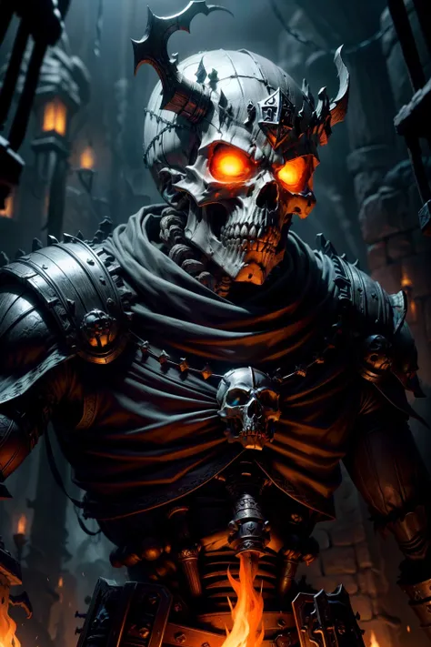 "Ancient, bone-white Dungeon Skeleton, its cold eyes glowing ominously in the dim, dungeon lit by flickering, orange torchlight. The skeleton, adorned with rusty armor and a crown of skulls, commands a daunting presence."