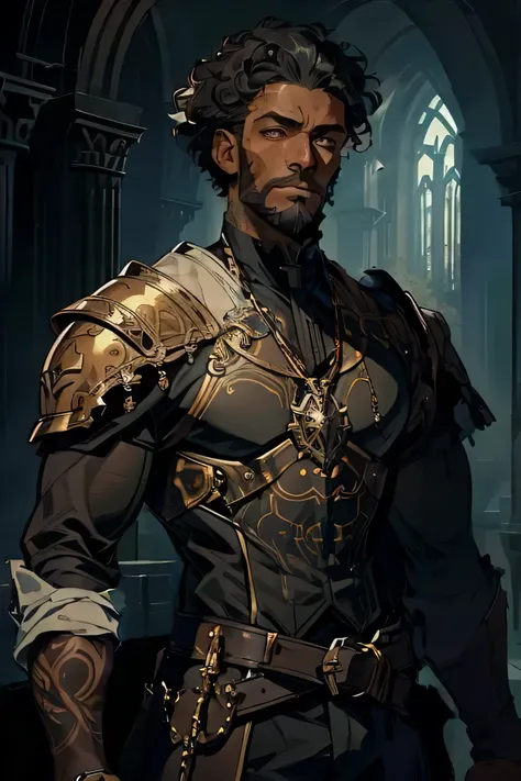 A young dark skin man with a dark victorian suit. His chest protected with a dark leather armor.