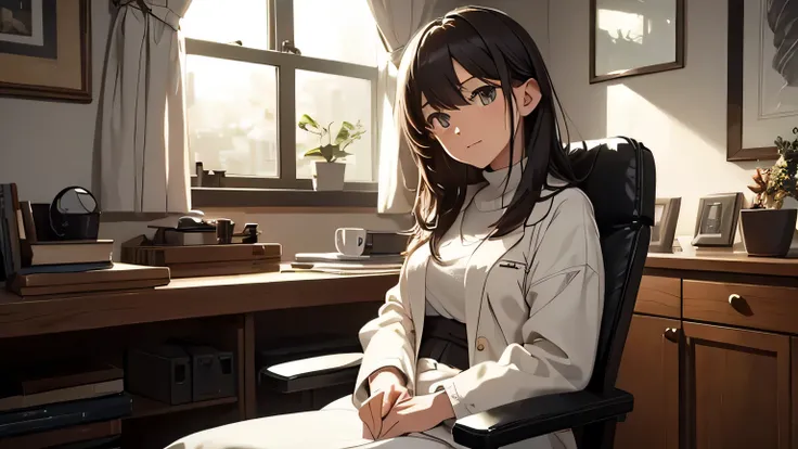  lo-fi atmosphere resembling a cozy  study, a young female therapist in a white coat sits on a chair, looking at you with a slight smile.