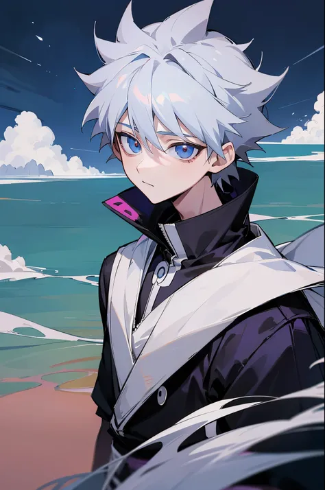 personagem de anime em frente a um lago com montanhas ao fundo, Killua Zoldyck Retrato, Arte Oficial, Kaworu Nagisa, cara de anime alto com olhos azuis, inspirado em Akihiko Yoshida, Arte digital de Danganronpa, inspired by Munakata Shikō, killua zoldyck c...