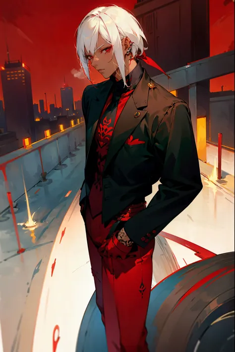 1male, white hair, dark skin, red eyes, neck tattoos, red pantsuit, city background, detailed background, hands to side, standing on path