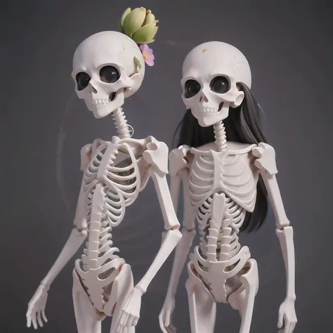 skeleton with flower in hair standing against grey background, anatomically correct skeleton, skeleton girl, skeleton, skelleton...