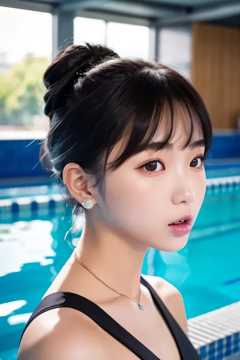 Beautiful Young Woman of the Year、 Korean women、Black Hair、Hairstyle bun、hair band、Necklace around the neck、Woman in swimsuit、Open your mouth a little、Intricate details, Very detailed:1.2), 、 Looking into the camera,background is indoor pool、ear piercing 