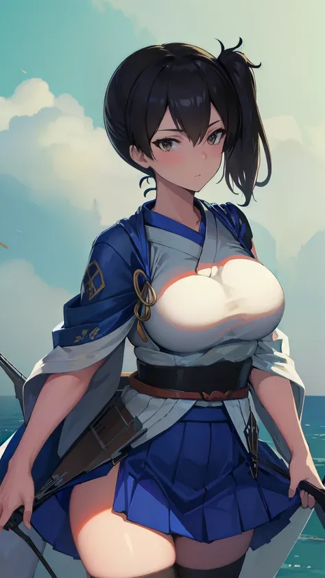 kaga(fleet collection),highest quality, masterpiece, high resolution,kimono,blue skirt,side ponytail,big_breasts,