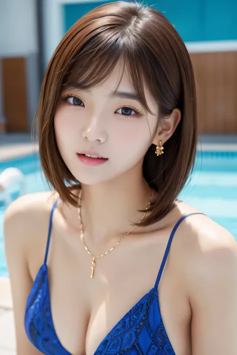 Beautiful Young Woman of the Year、 Korean women、Brown Hair、Necklace around the neck、Woman in swimsuit、Open your mouth a little、Intricate details, Very detailed:1.2), 、 Looking into the camera,background is indoor pool、ear piercing 