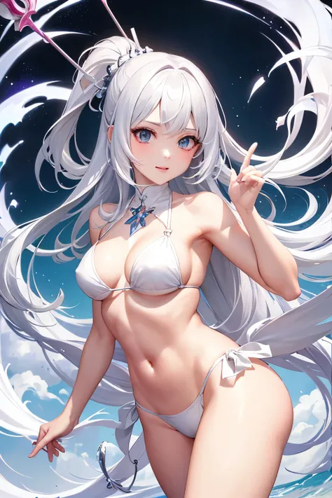 （（（ＳＦＷ、highest quality、first-clasasterpiece、Normal body、8k、Detailed face、Ultra-precision、Normal hand、Normal finger、５Finger、Highest）））、beautiful girl、Silver-white hair、Small breasts、Shortcuts、Slingshot、sling bikini