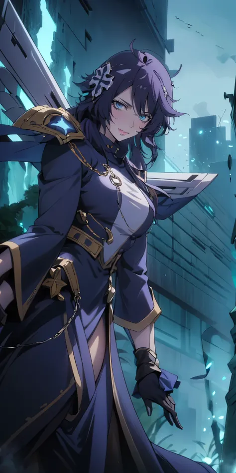 MC, ahoge, (long hari, purple hair:1.3), hair ornament, dark-blue eyes, anatomically correct, heavy breathing, mature female, an image of a female character from league of legends, by Kieran Yanner, phone wallpaper, dark lightning, smooth fuschia skin, fem...