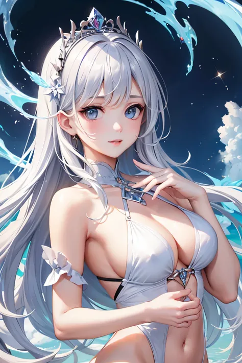 （（（ＳＦＷ、highest quality、first-class、masterpiece、Normal body、8k、Detailed face、Ultra-precision、Normal hand、Normal finger、５Finger、Highest）））、beautiful girl、Silver-white hair、Small breasts、Shortcuts、Princess、Ridiculous Swimsuit、Dangerous swimsuit、It seems visib...