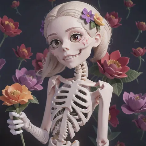 skeleton with flower in hair standing against grey background, anatomically correct skeleton, skeleton girl, skeleton, skelleton...