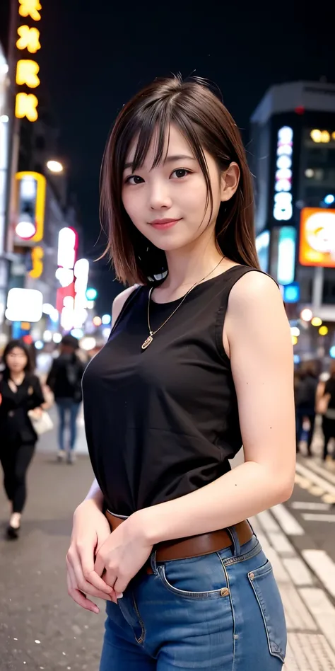 1 Girl, Tokyo Street,night, Streetscape,City lights,Upper Body,close,smile,, (8K, Raw photo, highest quality, masterpiece:1.2),(Realistic, photo-Realistic:1.37),