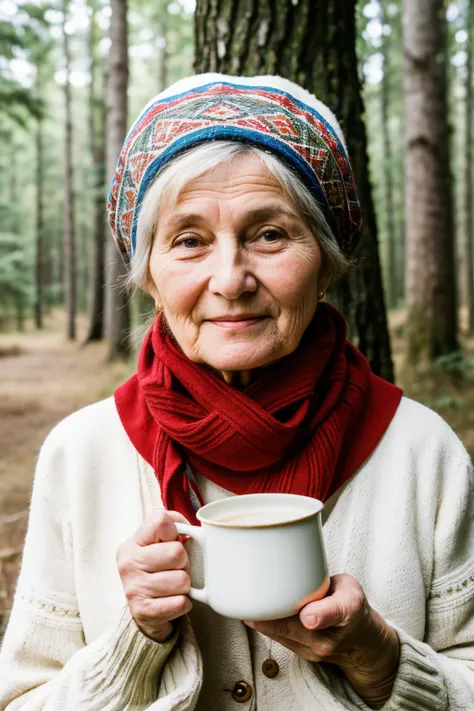 ((quality like a camera)), 1 Russian granny in old clothes, in a remote forest village, in an old scarf on his head ,with clay jug of milk

