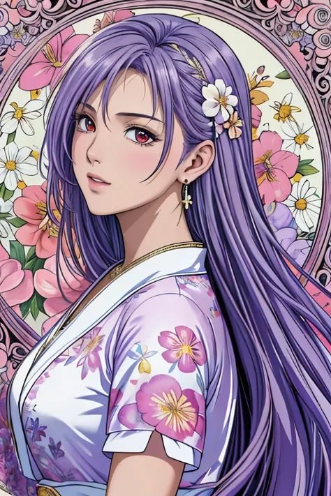 (​masterpiece, top-quality, top-quality, Official art, Beautifully Aesthetic:1.2), red eyes, (highest quality, masterpiece painting:1.3), immature woman, 16 years old, (half body shot), masterpiece, ultra high resolution, (((Flower frame, A lot of flowers ...