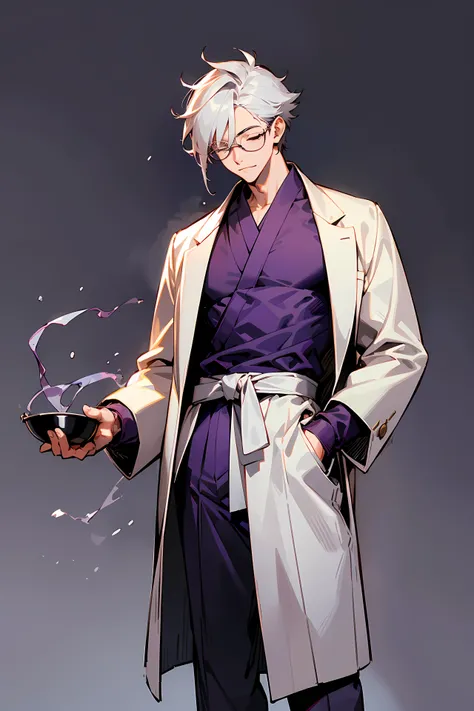 1male, Young Adult, Dark Purple, Eyes Closed, Bowl Hair, Grey Pants, Grey Lab Coat, Dojo Background, Standing in Dojo, Slight Smile, Glasses