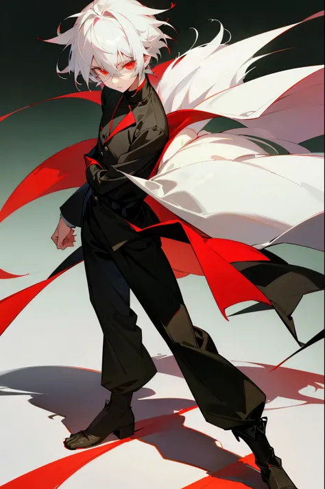 hight resolution,close range、Anime boy with white hair and red eyes staring at camera, Glowing red eyes,slim, dressed in a black outfit,Shadow Body,Simple background、White background、Green background,hair messy, Standing , Full body , toe
