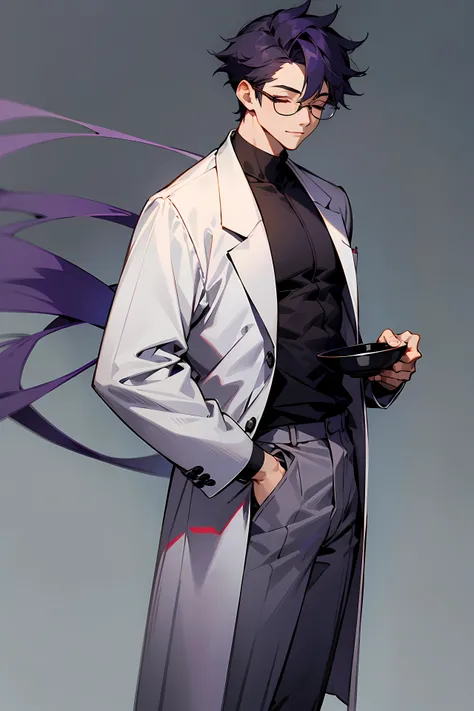 1male, Young Adult, Dark Purple, Eyes Closed, Bowl Hair, Grey Pants, Grey Lab Coat, Dojo Background, Standing in Dojo, Slight Smile, Glasses, City